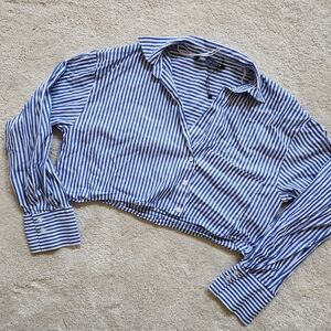 Zara Blue and White Striped Cropped Shirt